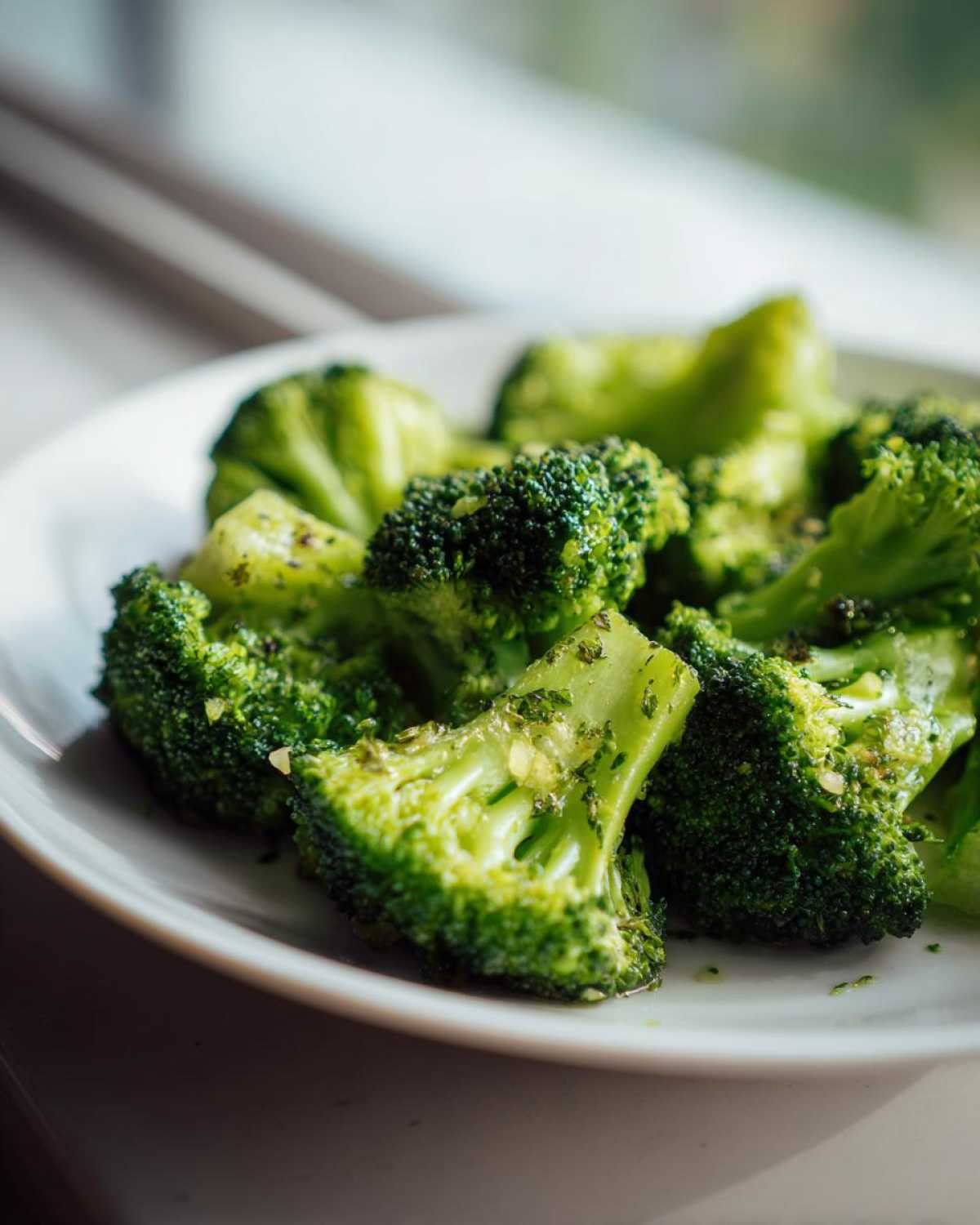 Close-up of bright green steamed broccoli florets seasoned with herbs and garlic on a white plate.