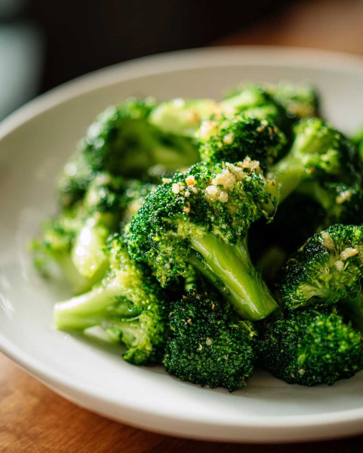Close-up of bright green, perfectly steamed broccoli florets seasoned with garlic or breadcrumbs.