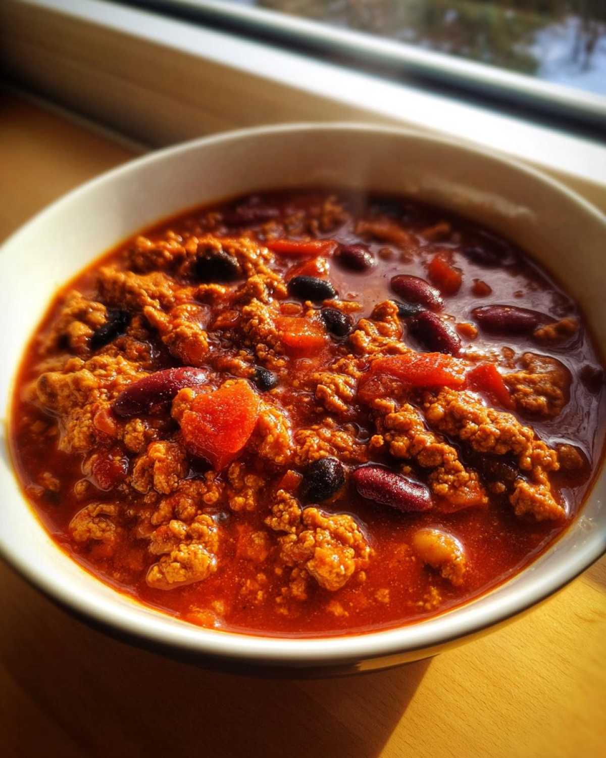 Close-up of a steaming bowl of rich, red high protein chili loaded with ground meat and kidney and black beans.