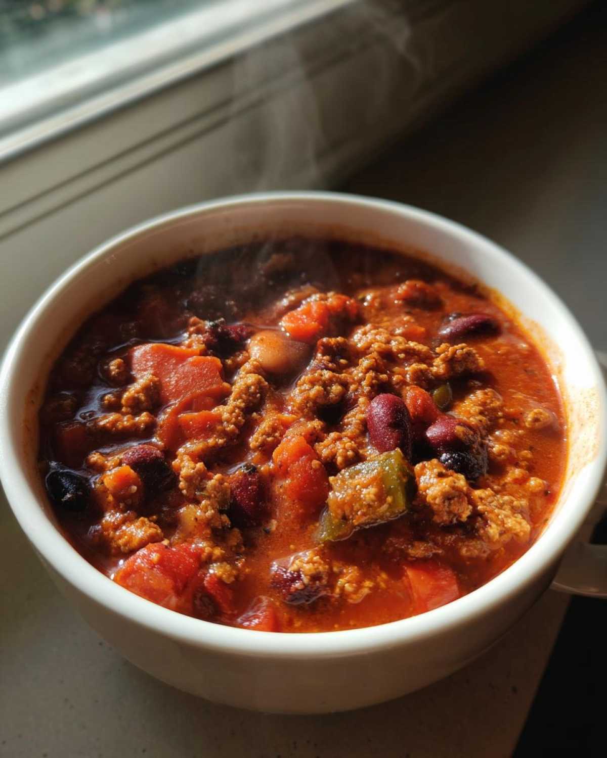 Close-up of a steaming white bowl filled with hearty, rich high protein chili featuring ground meat, kidney beans, and tomatoes.