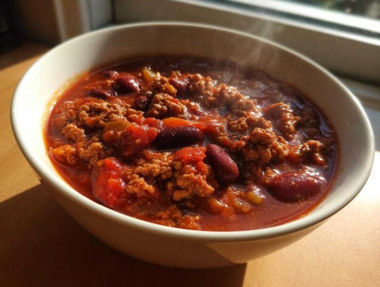Close-up of a steaming white bowl filled with rich, red high protein chili featuring ground meat and kidney beans.