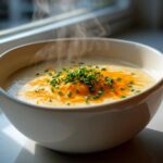 A close-up of a steaming white bowl filled with creamy cauliflower soup, topped with shredded cheddar cheese and fresh chives.