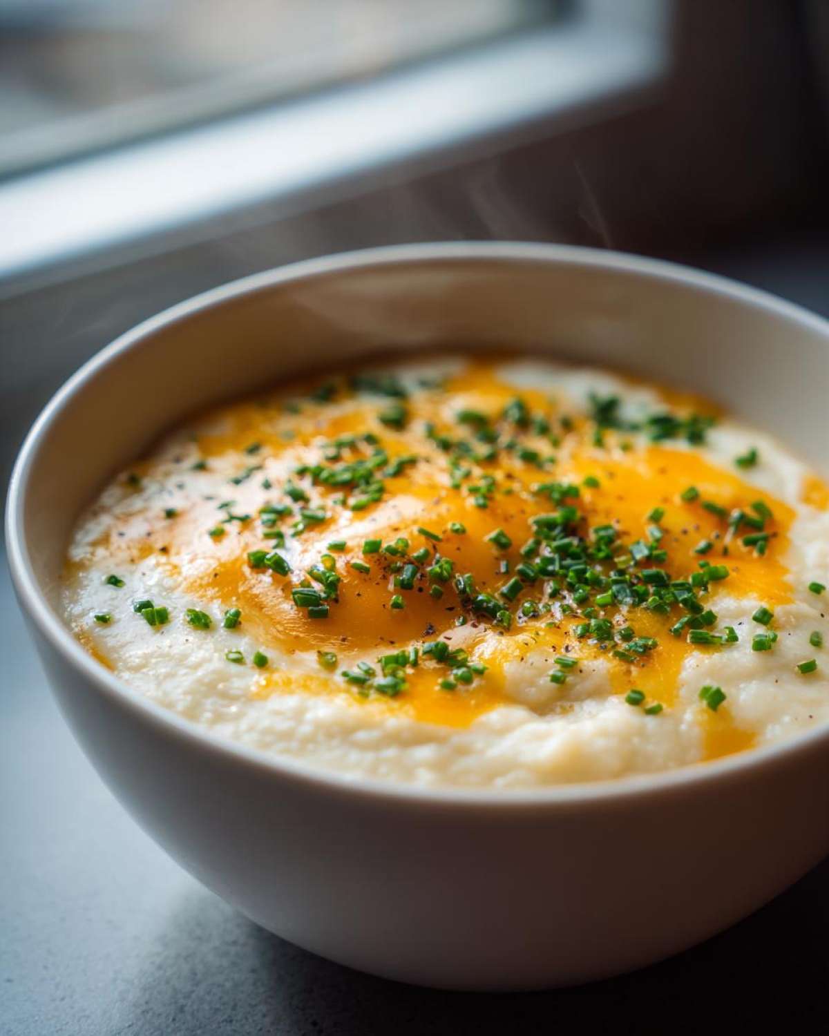 A bowl of creamy, steaming cauliflower soup topped with melted cheddar cheese, black pepper, and fresh chives.