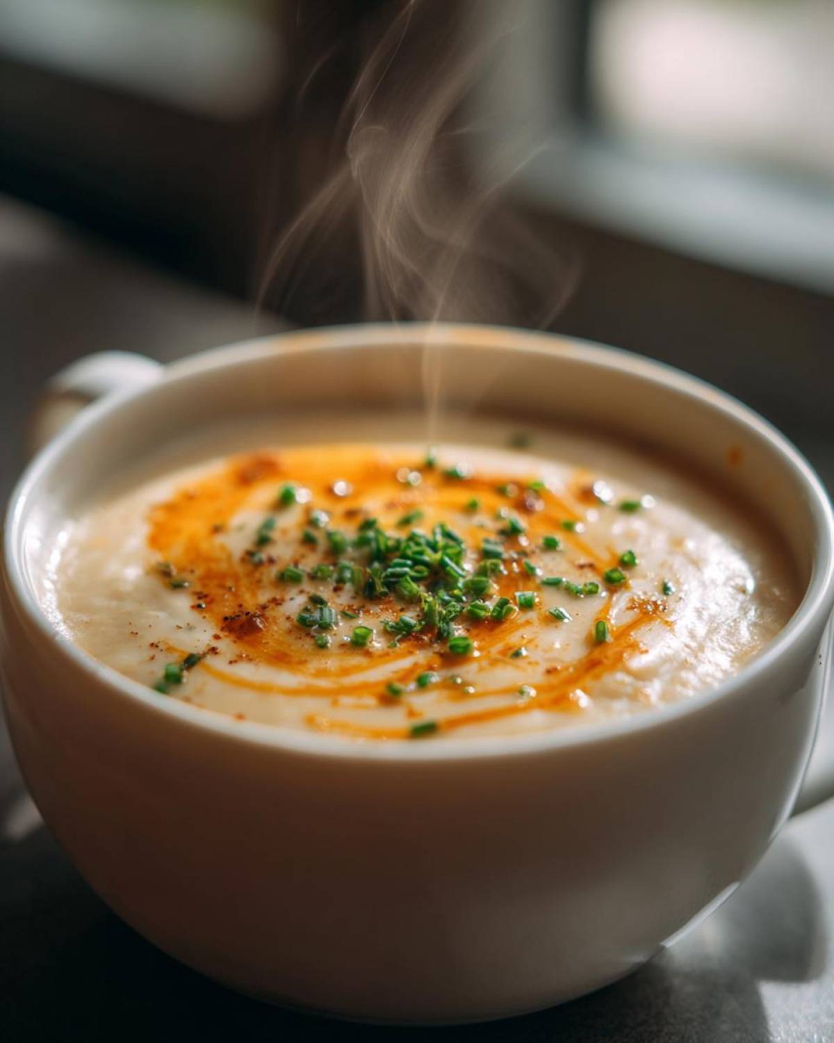 Close-up of a steaming white bowl filled with creamy cauliflower soup, drizzled with oil and topped with fresh chives.