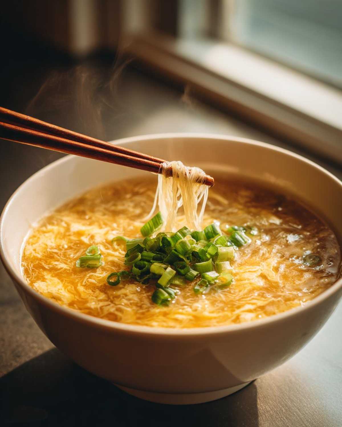 A close-up of hot egg drop soup being lifted with chopsticks, topped with fresh green onions.