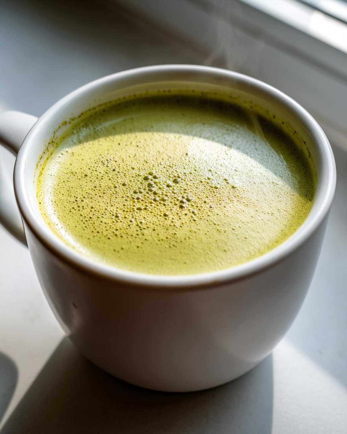 Close-up of a steaming, bright green beverage with foam in a white mug, unrelated to celery soup.