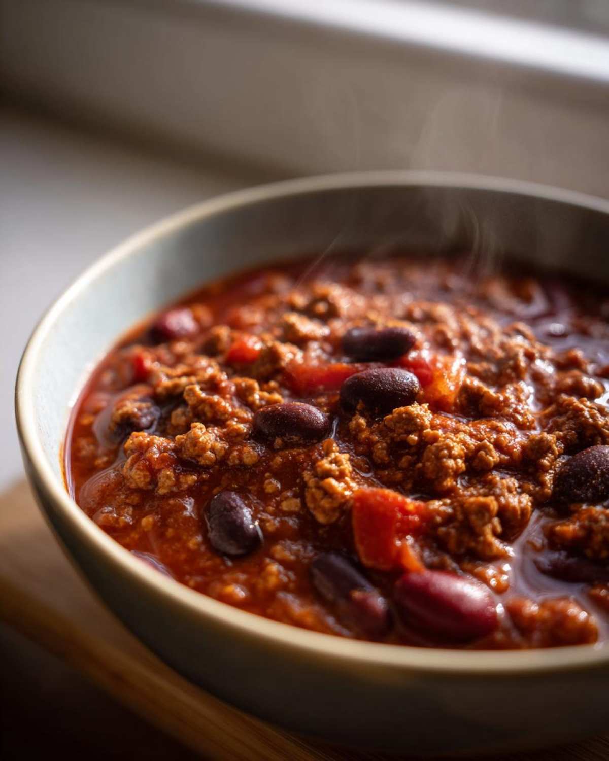 Close-up of a steaming bowl of rich, hearty high protein chili loaded with ground meat and kidney beans.