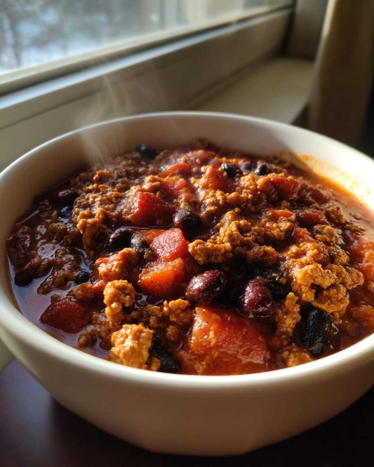 Close-up of a steaming white bowl filled with rich, hearty high protein chili featuring ground meat, tomatoes, and black beans.