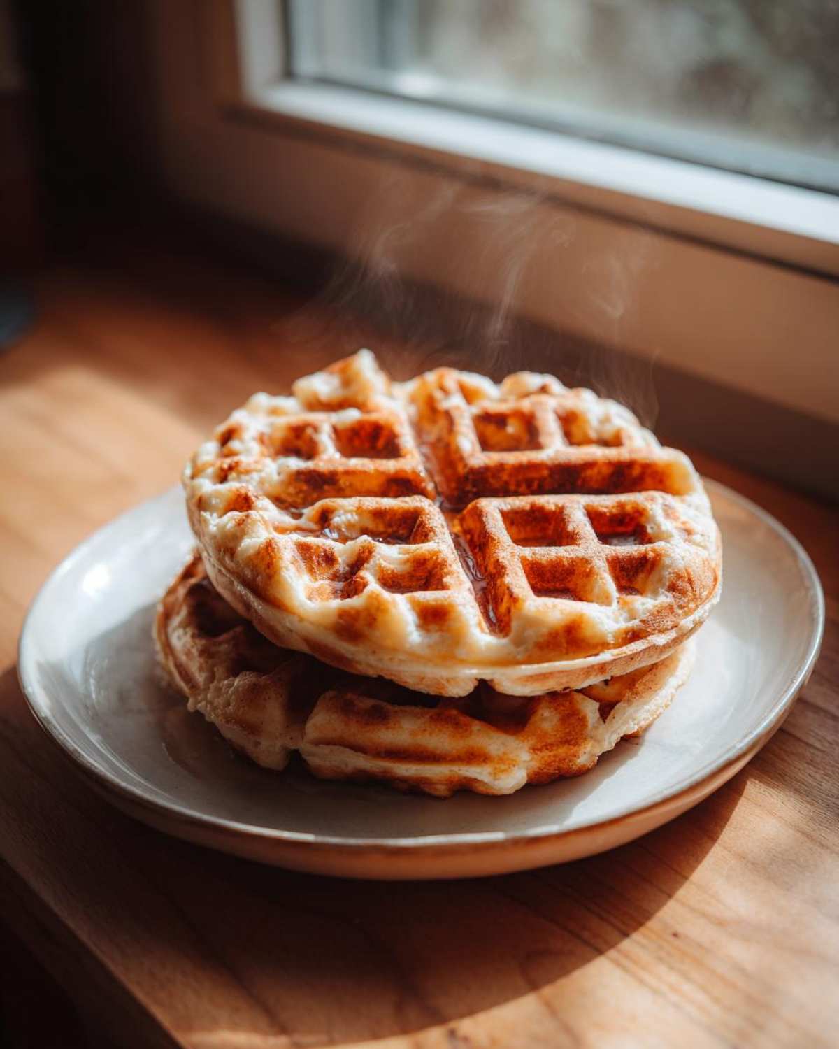 Two steaming, golden-brown high protein waffles stacked on a light plate near a window.