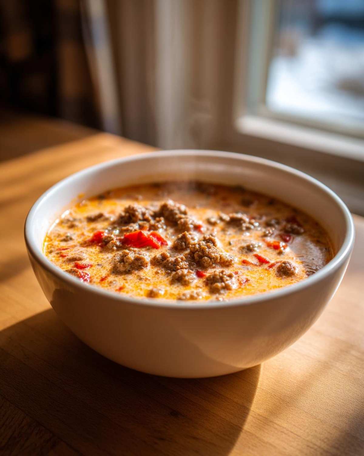 A close-up of a steaming white bowl filled with creamy, cheesy rotel dip topped with ground meat and red peppers.