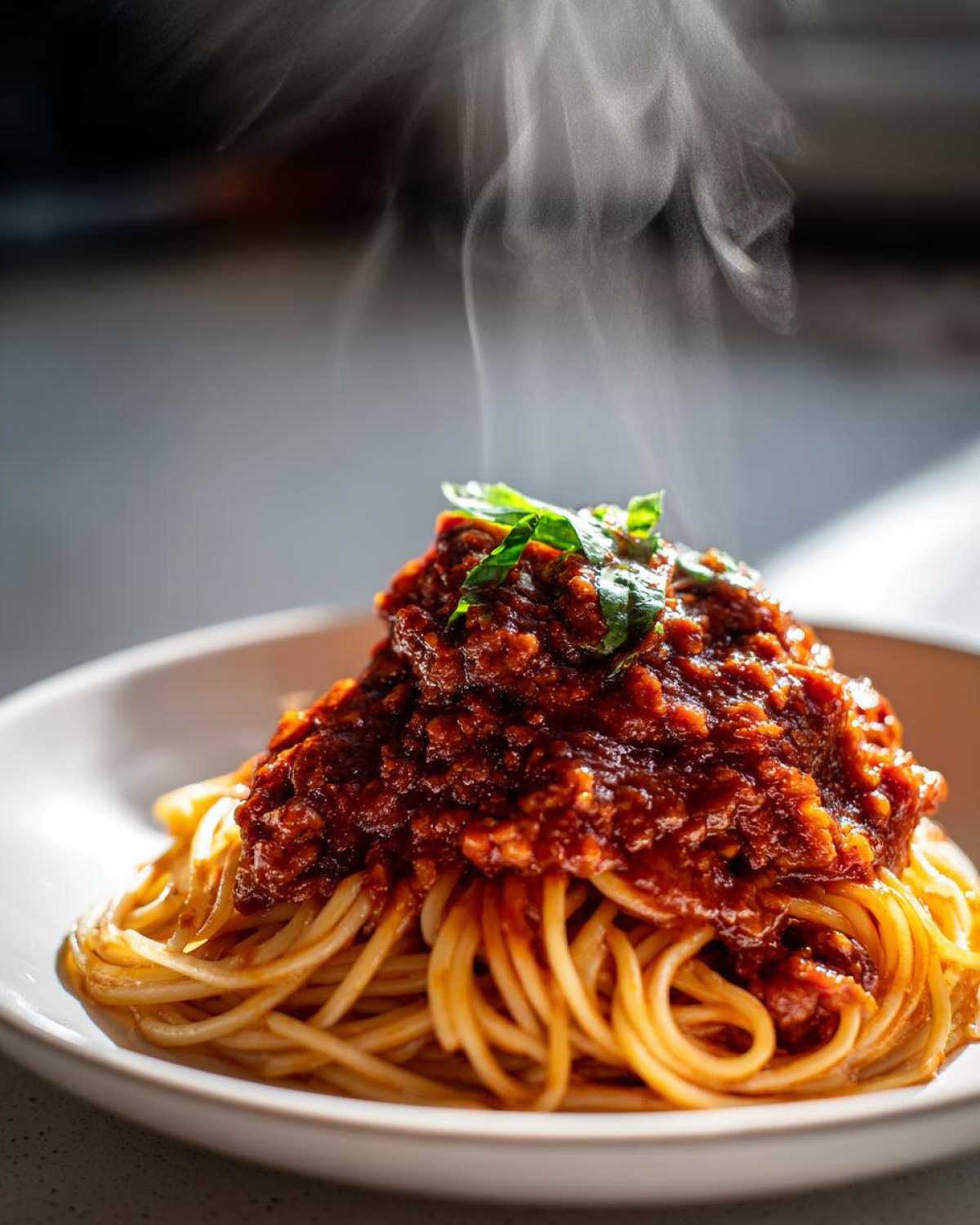 Close-up of hot spaghetti topped with a generous portion of rich, dark tomato sauce and fresh basil.