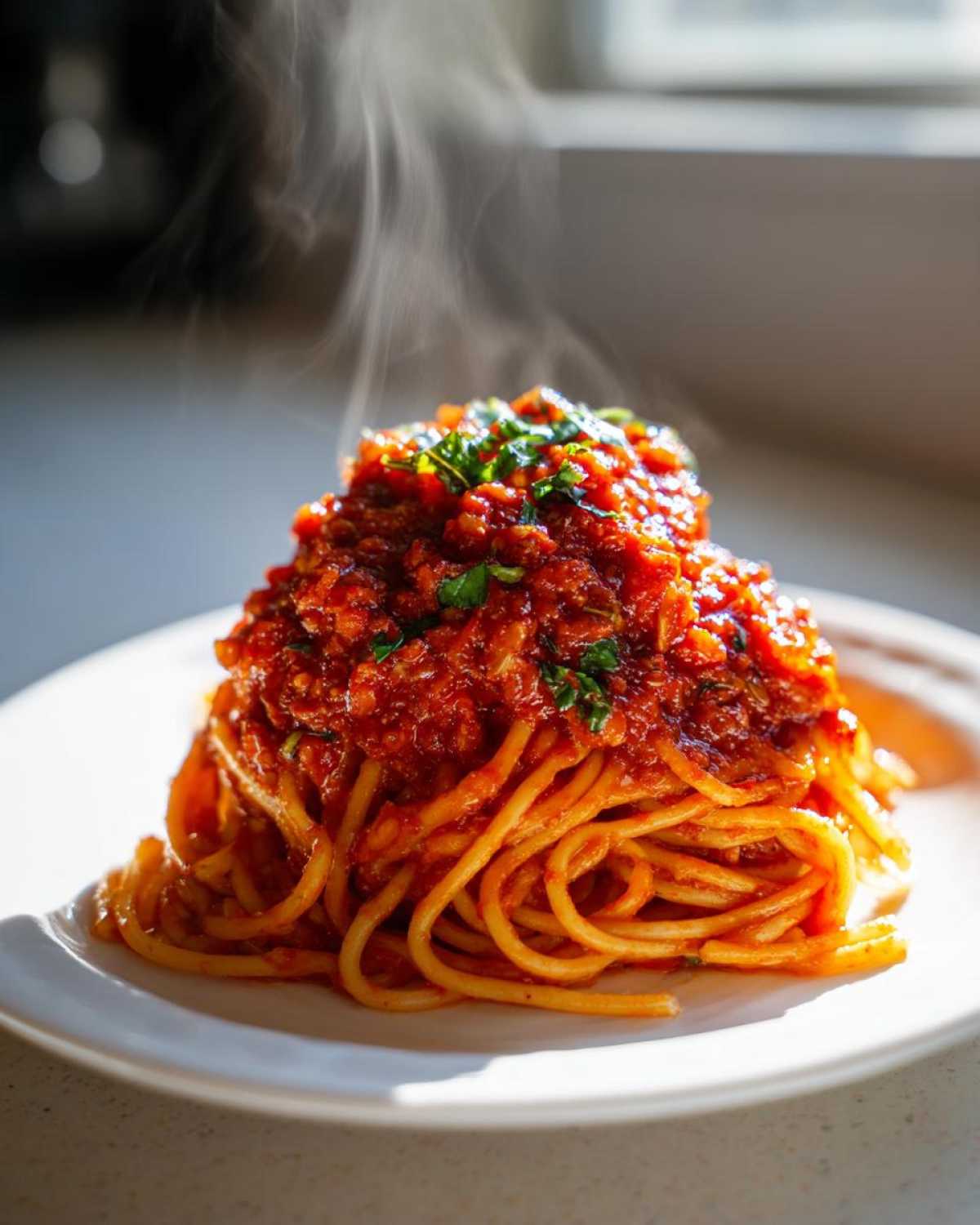 A mound of spaghetti topped generously with steaming, rich tomato sauce and fresh parsley.