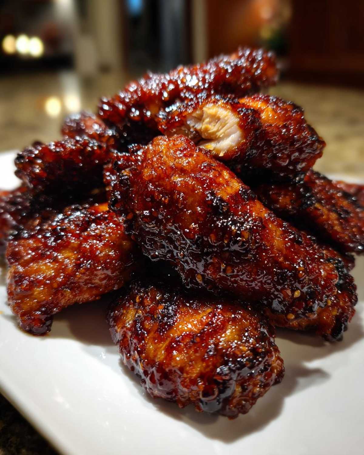 Close-up of sticky, dark red glazed korean fried chicken wings piled on a white plate.