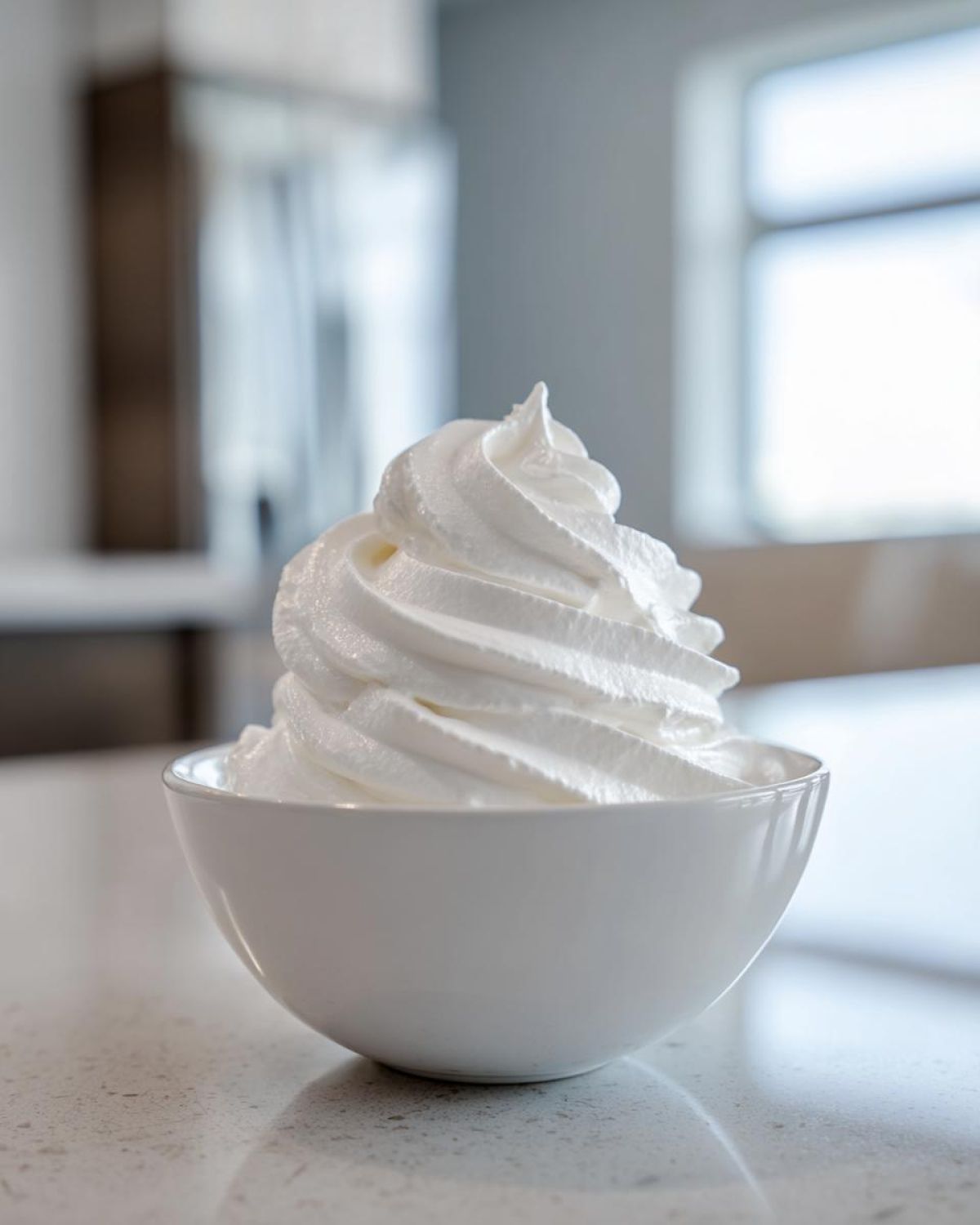A white bowl filled with stiff, perfectly piped royal icing recipe mixture, showing sharp peaks.
