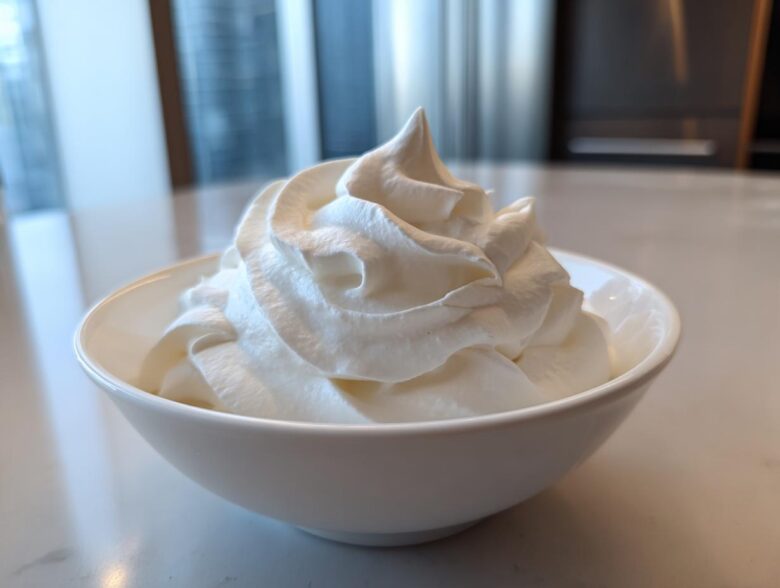 A white bowl filled with stiffly piped, bright white royal icing recipe mixture, ready for decorating.