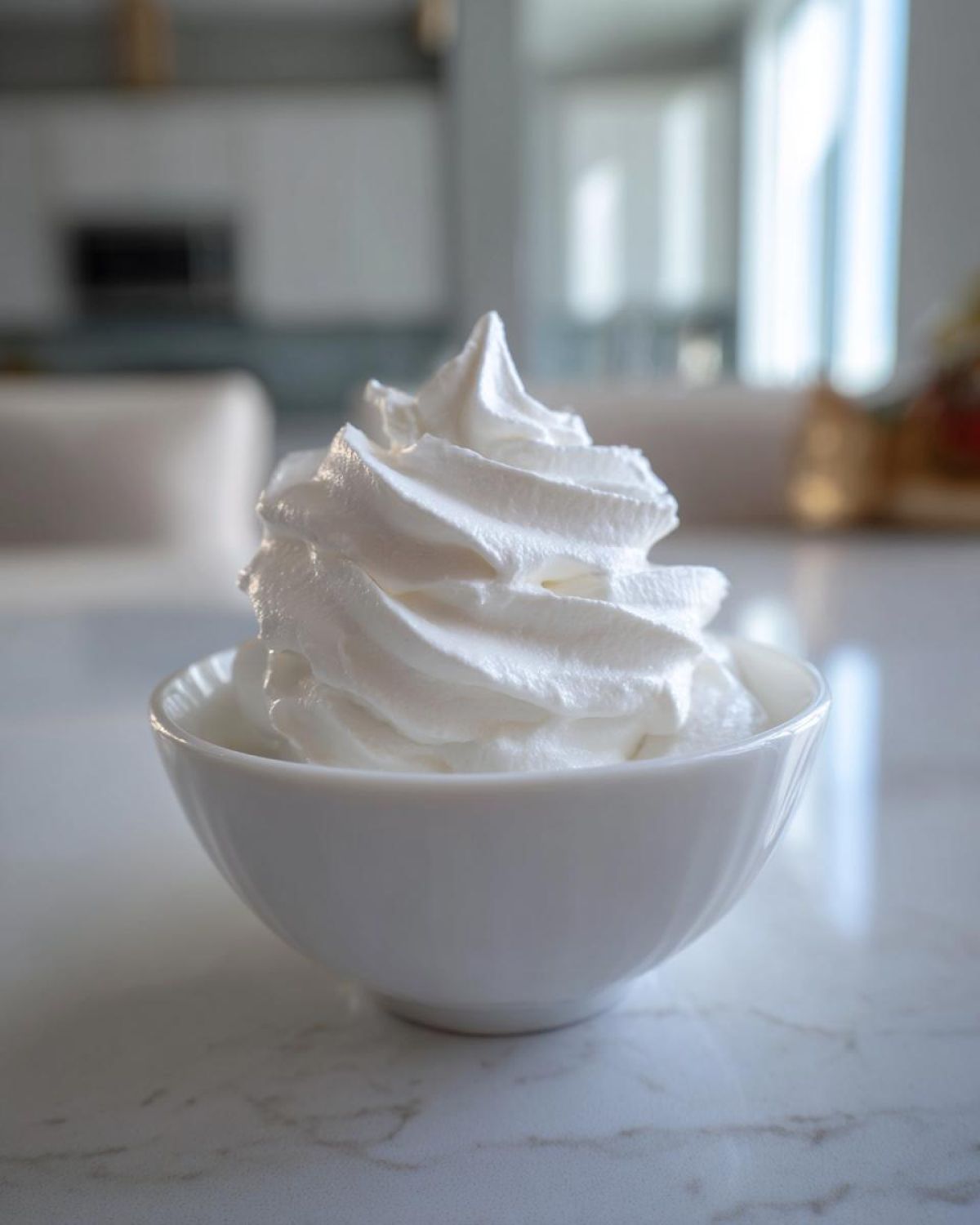 A swirl of stiff white icing, similar to royal icing recipe consistency, piped high in a small white bowl.
