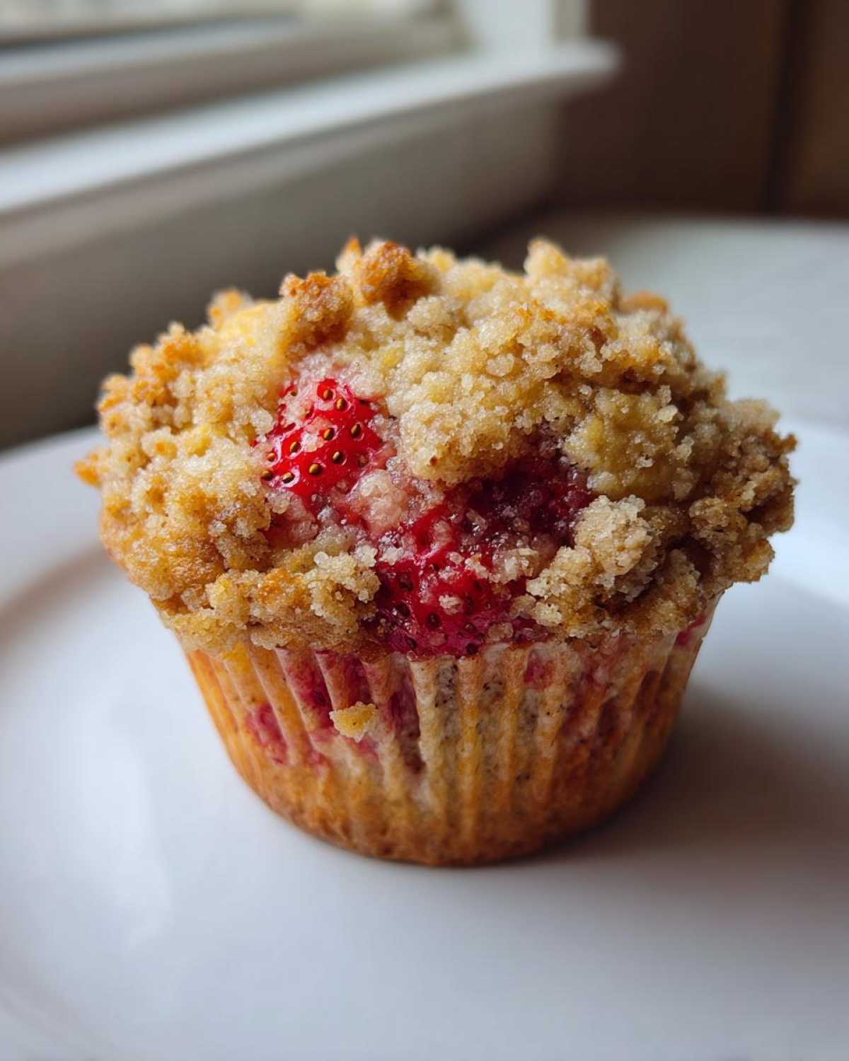 A single, golden-brown strawberry muffin topped with a generous layer of crumb topping and a visible baked strawberry.