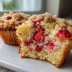 A close-up of a strawberry muffin cut in half, revealing moist cake and chunks of strawberry, topped with streusel, alongside another whole strawberry muffin.