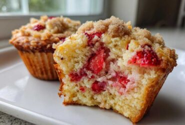 A close-up of a strawberry muffin cut in half, revealing moist cake and chunks of strawberry, topped with streusel, alongside another whole strawberry muffin.