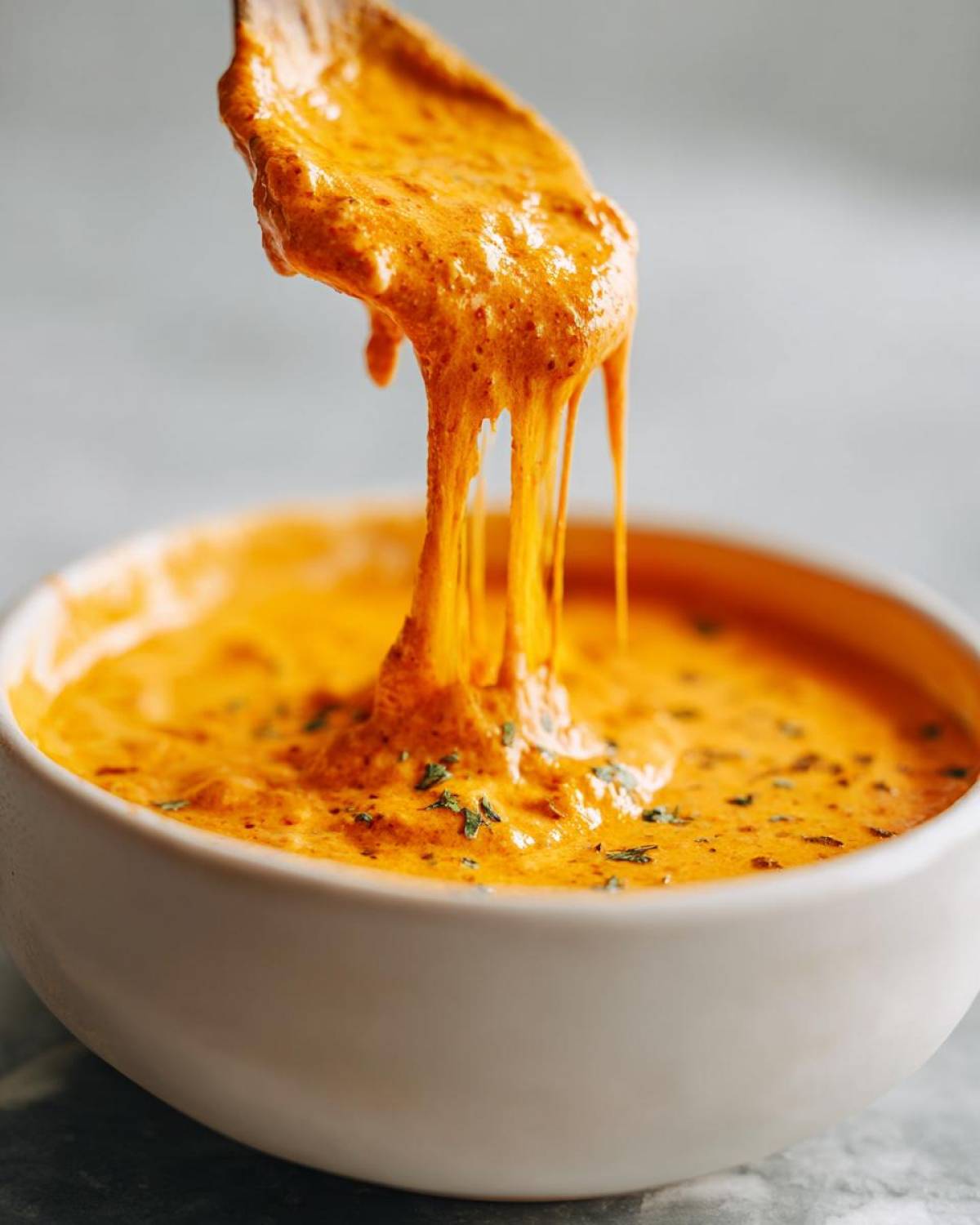Close-up of a spoonful of thick, orange chili cheese dip showing amazing cheese pulls.
