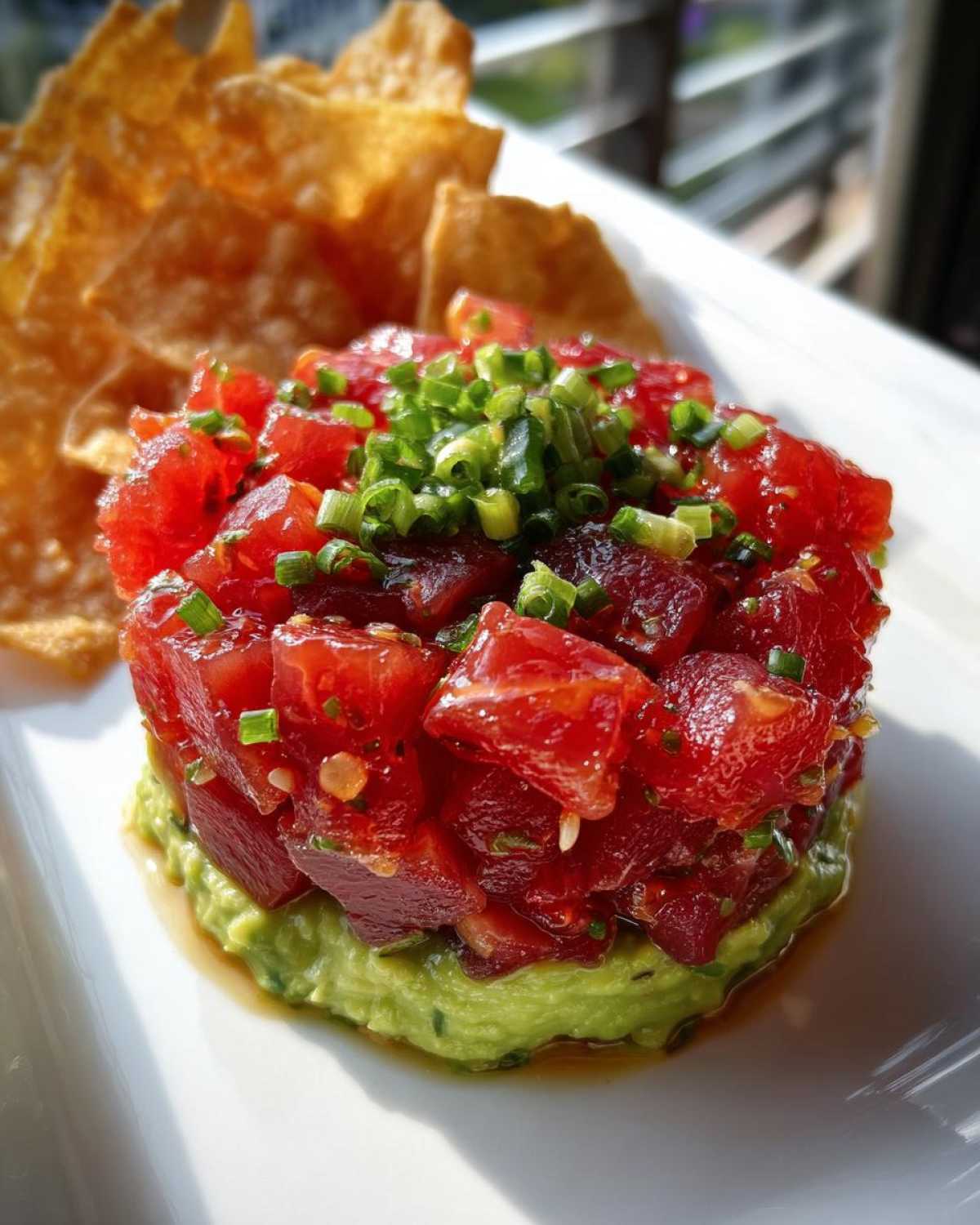 A vibrant, molded serving of tuna tartare layered over creamy avocado, topped with chopped chives, served with crispy chips.