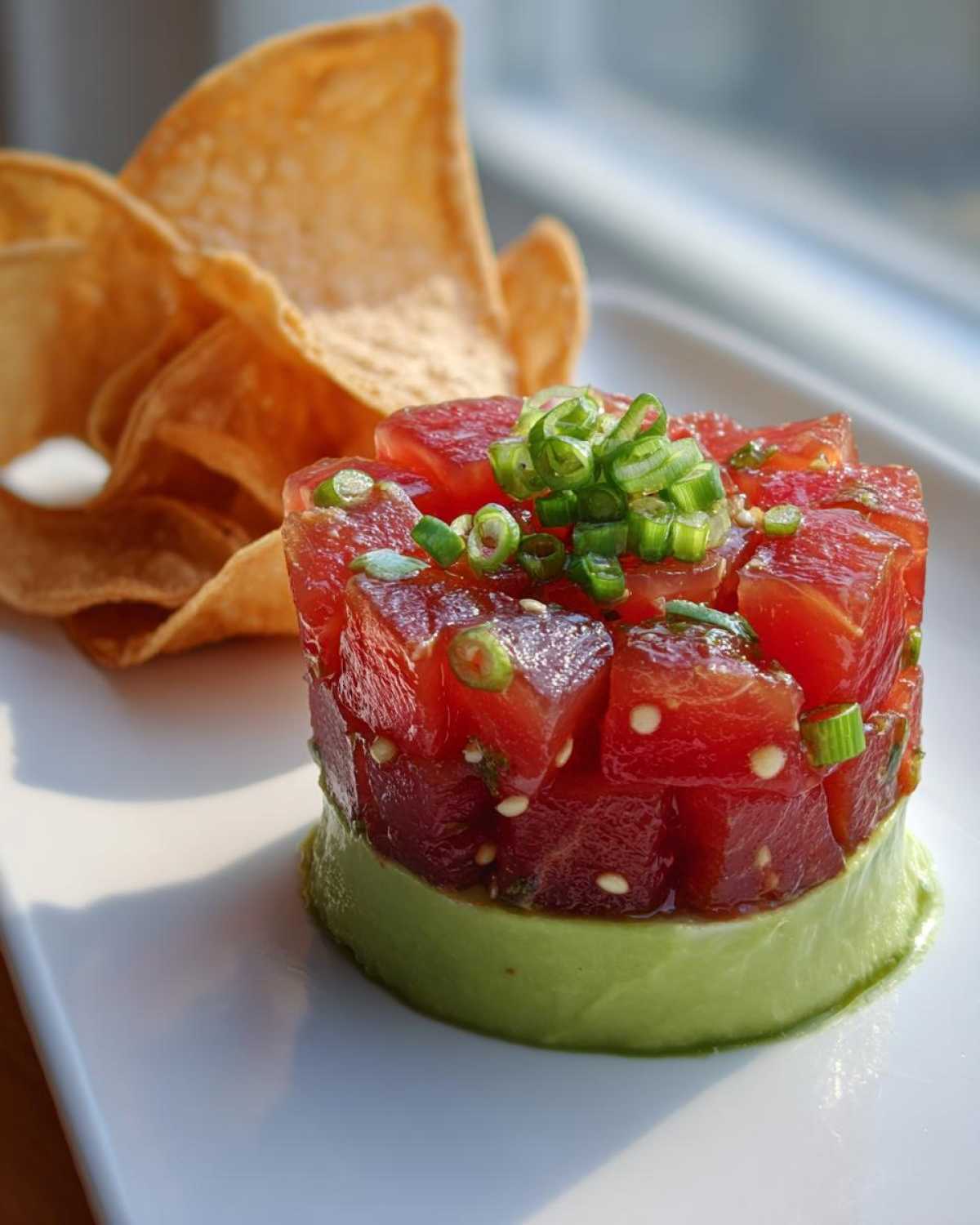 A molded tower of vibrant red tuna tartare seasoned with sesame seeds and green onions, sitting atop a layer of bright green avocado puree, served with tortilla chips.