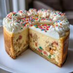 A cross-section view of a rich sugar cookie cheesecake studded with cookie pieces and topped with whipped cream and colorful sprinkles.