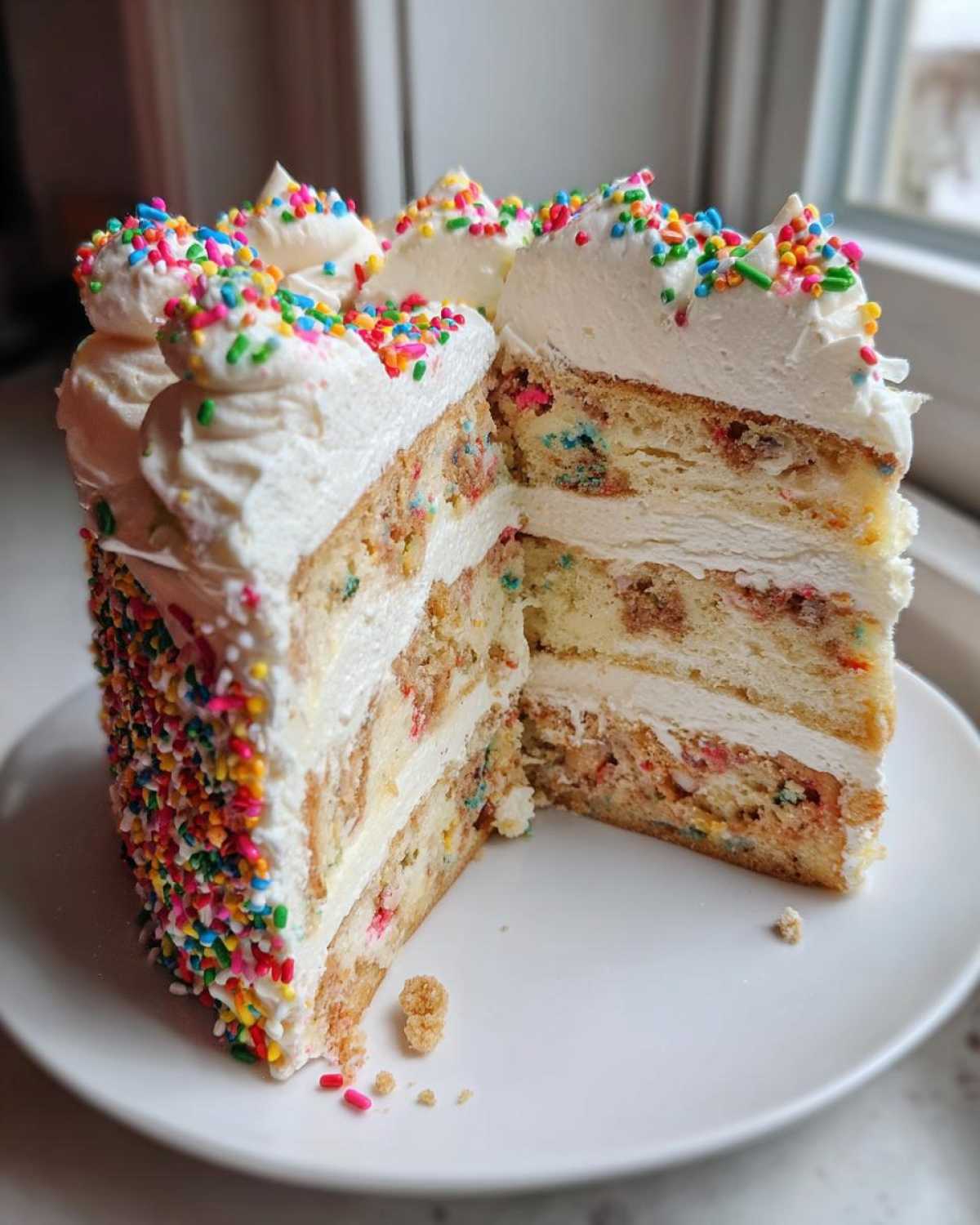 A slice cut from a tall, layered sugar cookie cheesecake showing cake, frosting, and cookie pieces.