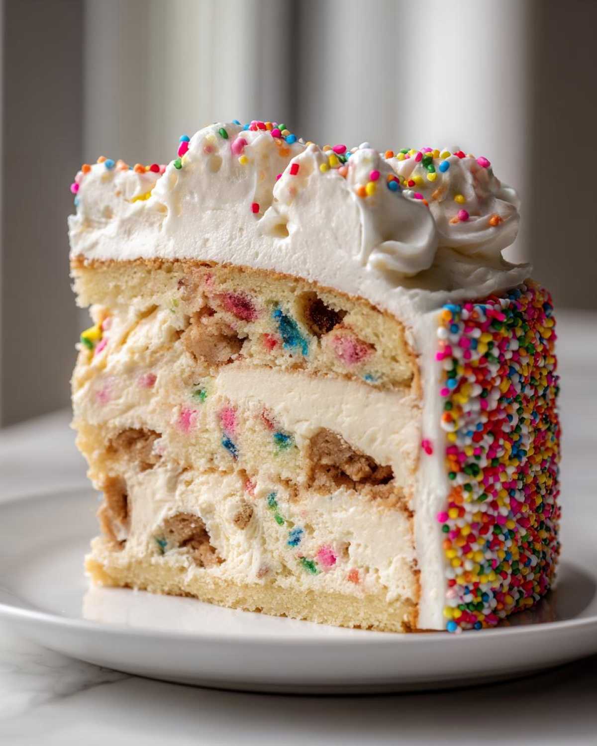 Close-up of a layered slice of sugar cookie cheesecake featuring cake, creamy filling, cookie pieces, and rainbow sprinkles.