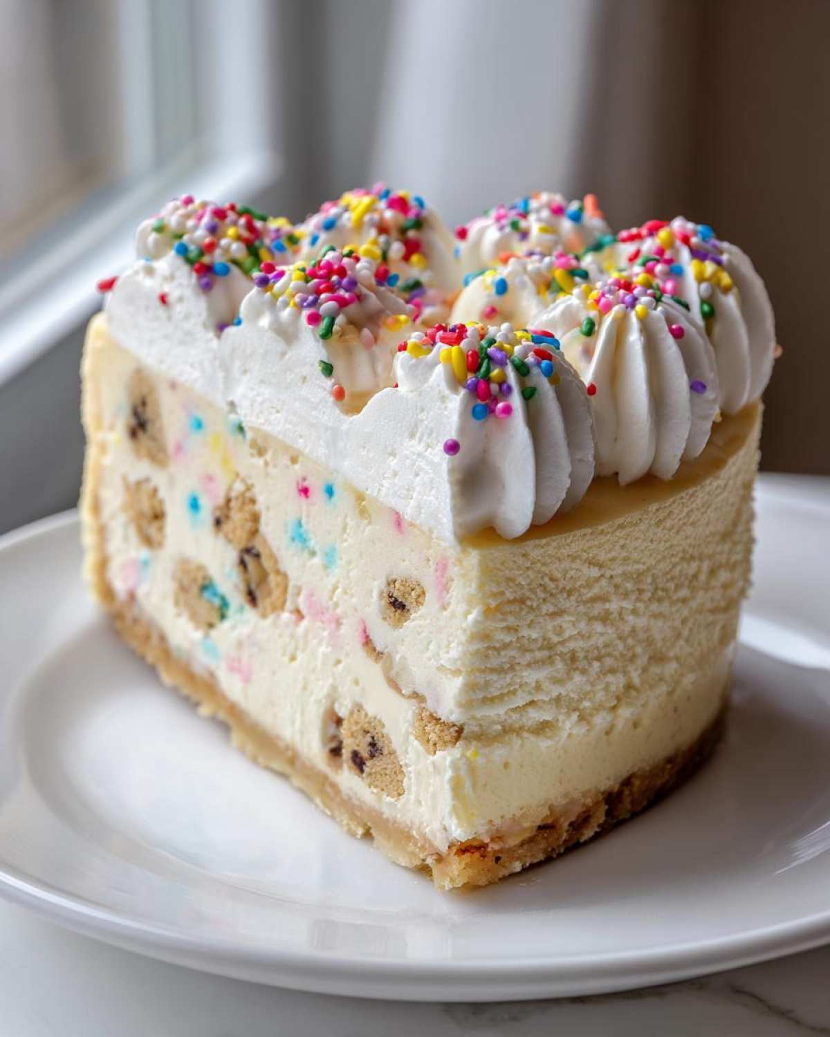 A perfect slice of sugar cookie cheesecake studded with cookie pieces, topped with whipped cream and colorful sprinkles.