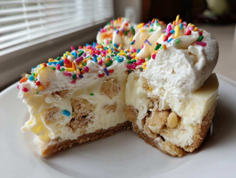 Cross-section view of a slice of sugar cookie cheesecake loaded with cookie chunks, topped with whipped cream and colorful sprinkles.
