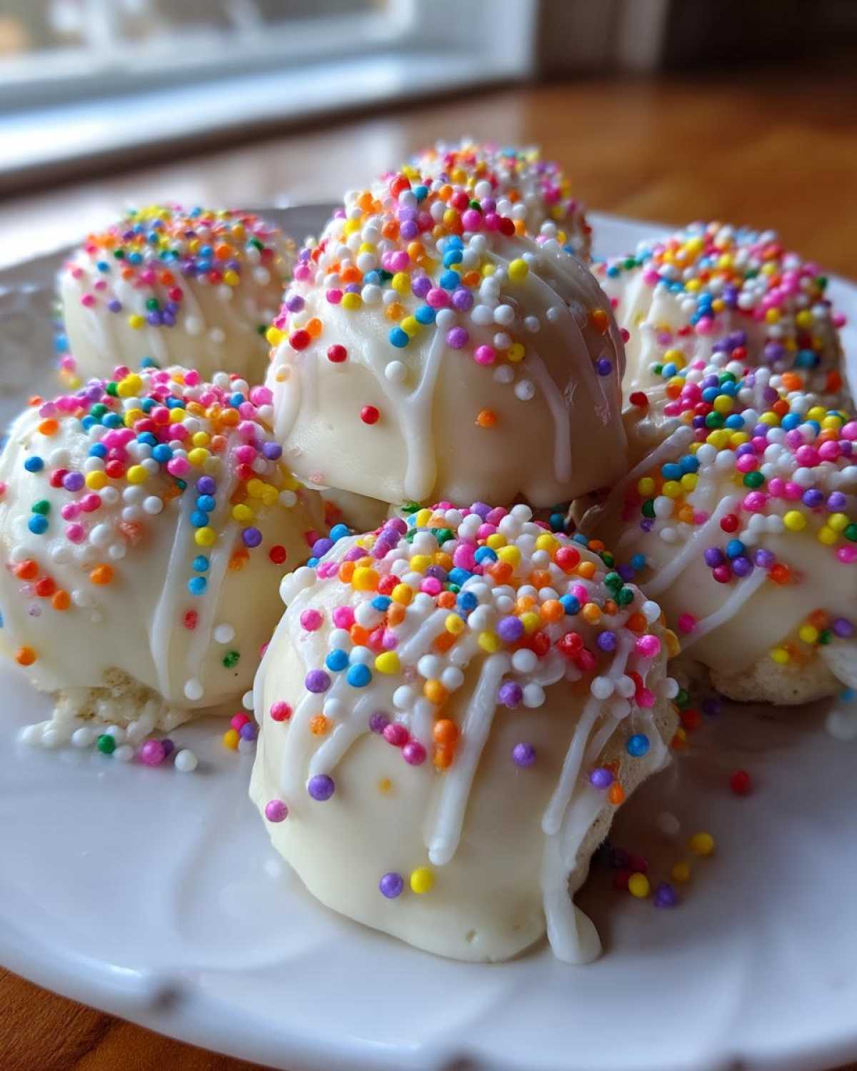 A plate of six homemade sugar cookie truffles dipped in white chocolate and covered in rainbow sprinkles.