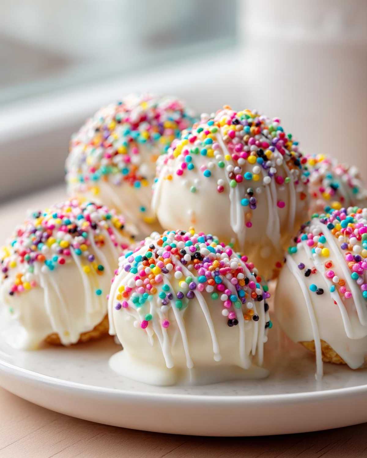 Close-up of several sugar cookie truffles dipped in white chocolate and covered in colorful sprinkles.