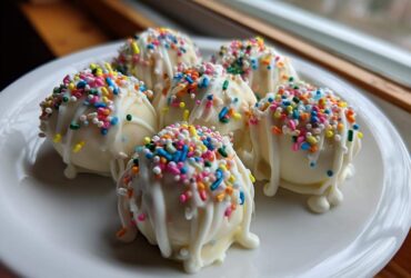 Six white chocolate-covered sugar cookie truffles topped with colorful sprinkles and white drizzle.