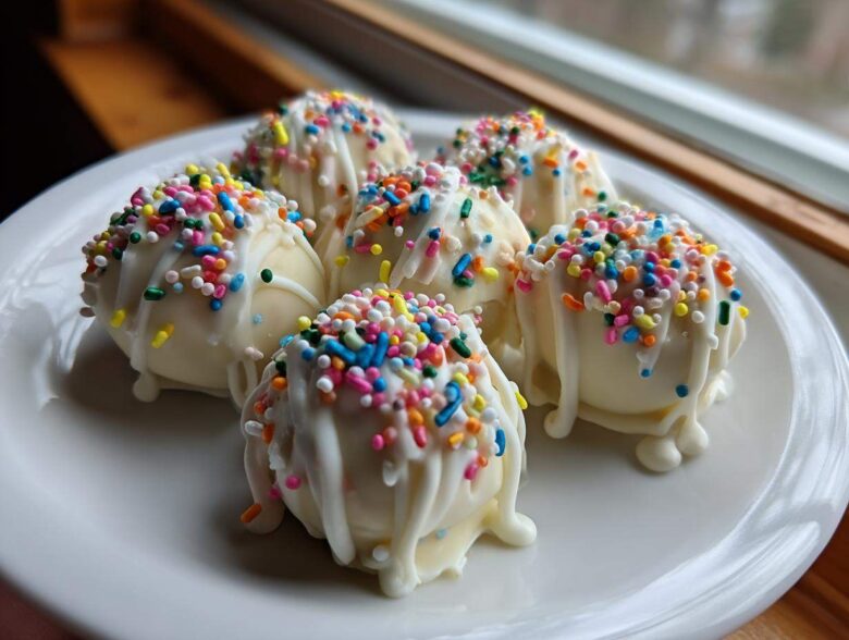 Six white chocolate-covered sugar cookie truffles topped with colorful sprinkles and white drizzle.