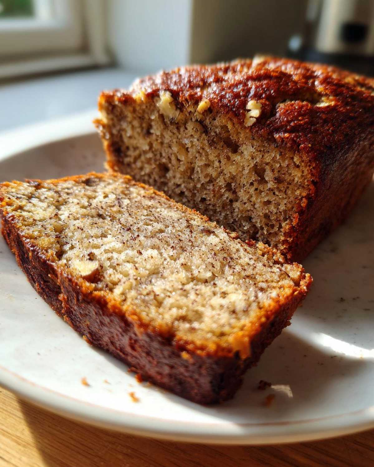 Close-up of a slice cut from a loaf of moist sugar free banana bread showing nuts.