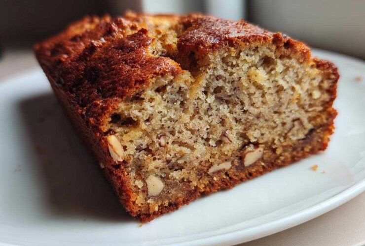 Close-up of a slice of moist sugar free banana bread showing the crumb texture and visible nuts.