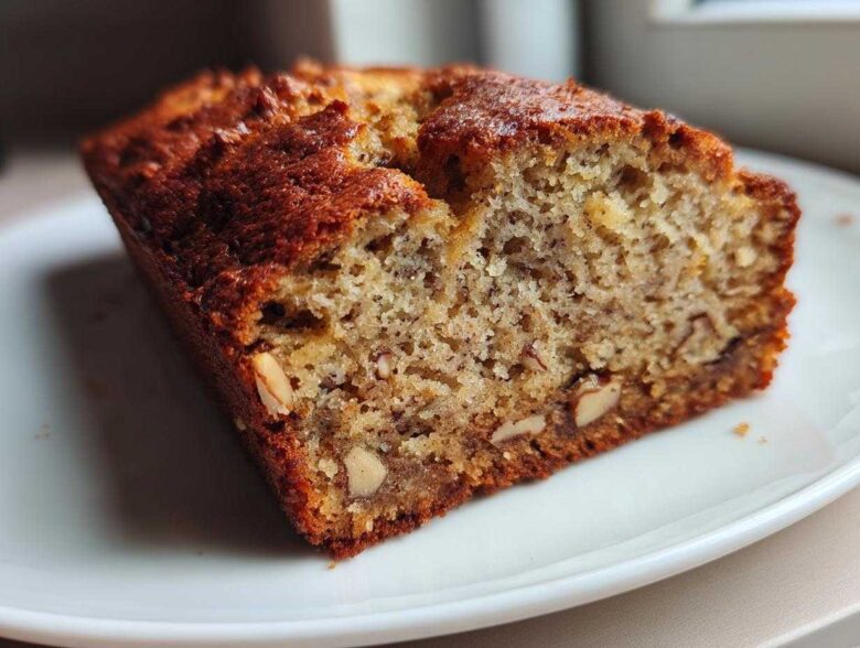 Close-up of a slice of moist sugar free banana bread showing the crumb texture and visible nuts.