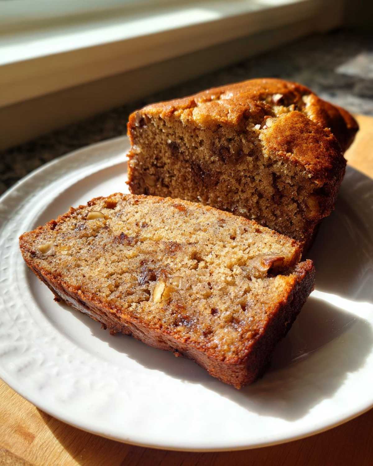 Two slices of moist sugar free banana bread, showing nuts and a golden brown crust, served on a white plate.