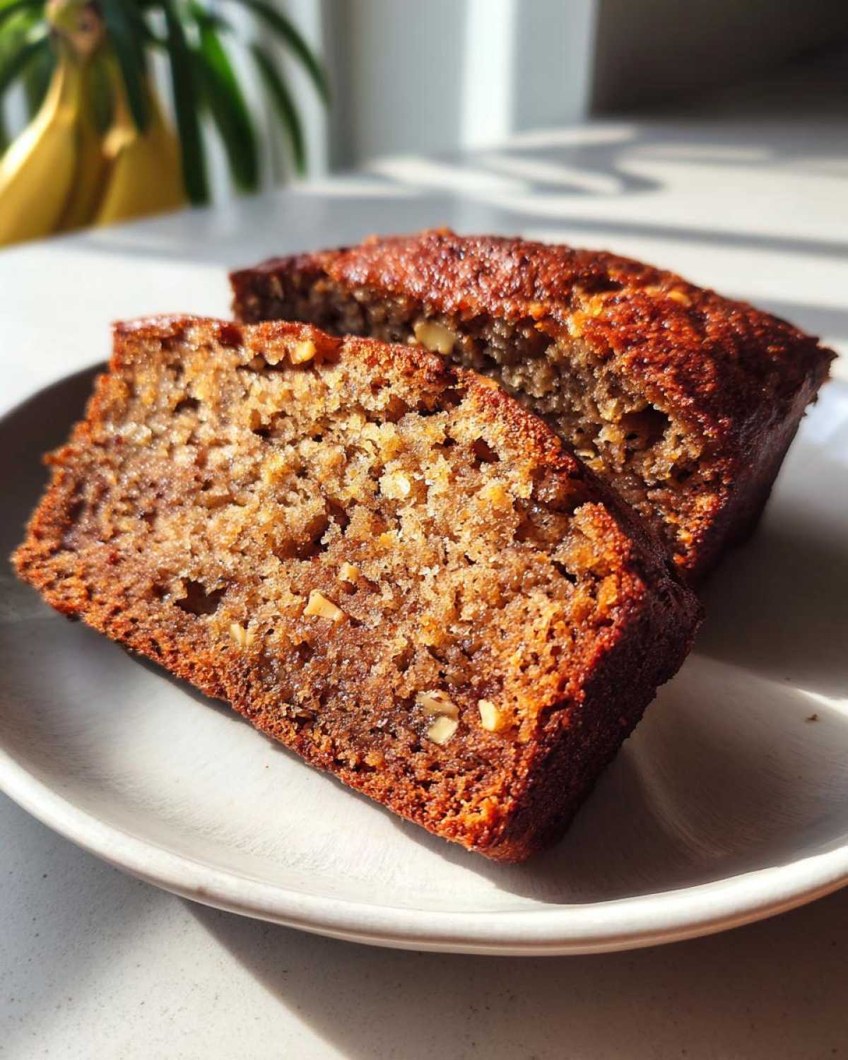 Two thick slices of moist sugar free banana bread with visible nuts on a white plate.