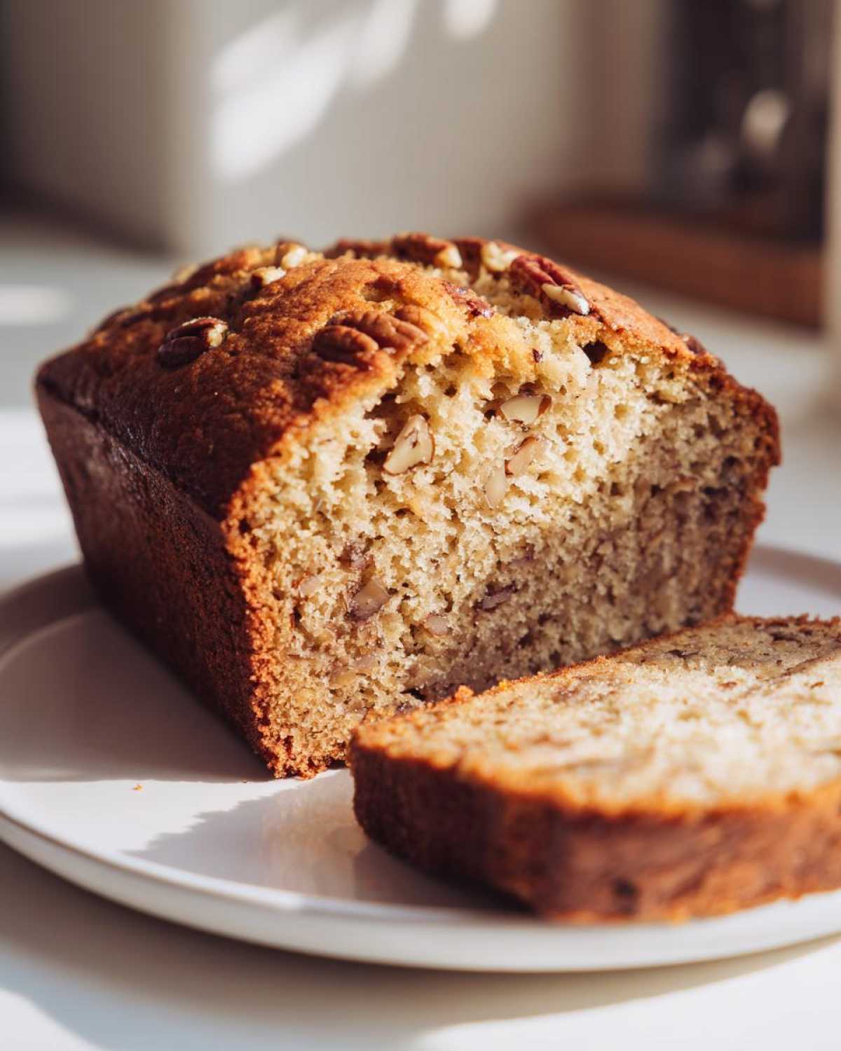 A golden-brown loaf of sweet alabama pecan bread, partially sliced on a white plate.