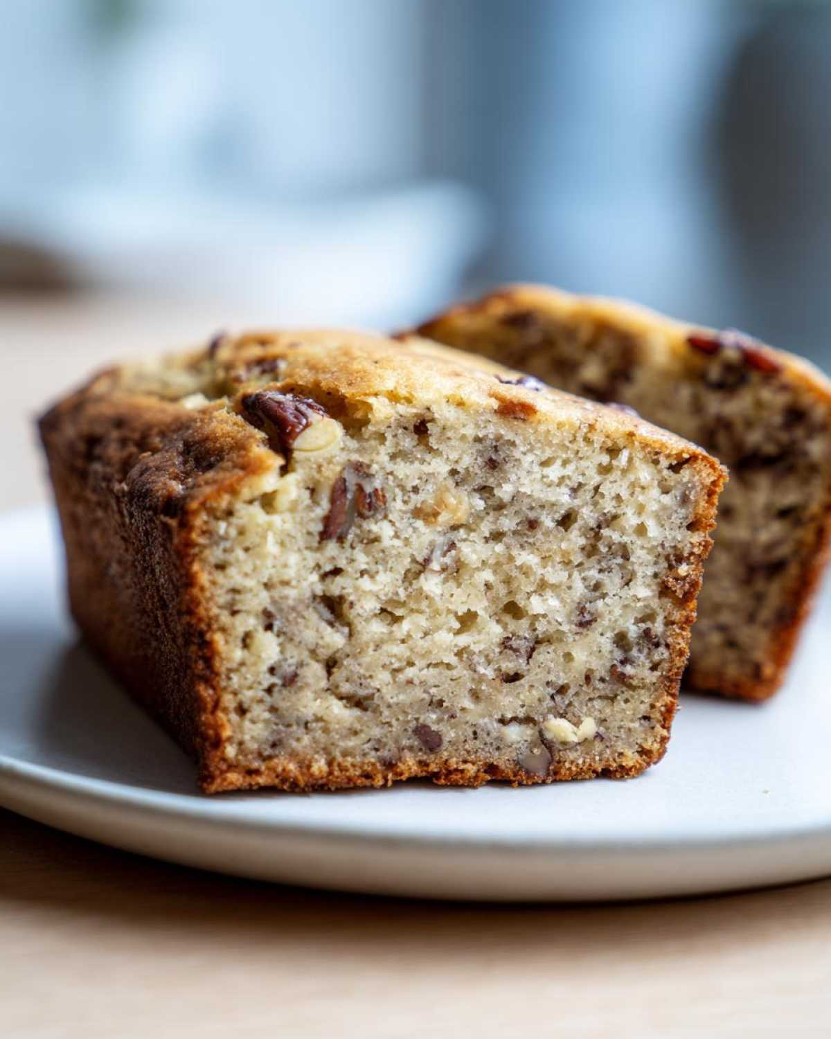 Close-up of a moist slice of sweet alabama pecan bread showing the texture and pecans inside.