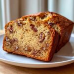 Two thick slices of moist sweet alabama pecan bread loaded with visible pecan pieces.