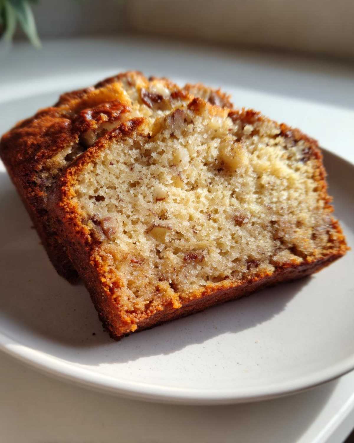 Two close-up slices of moist sweet alabama pecan bread showing pecans throughout the crumb.