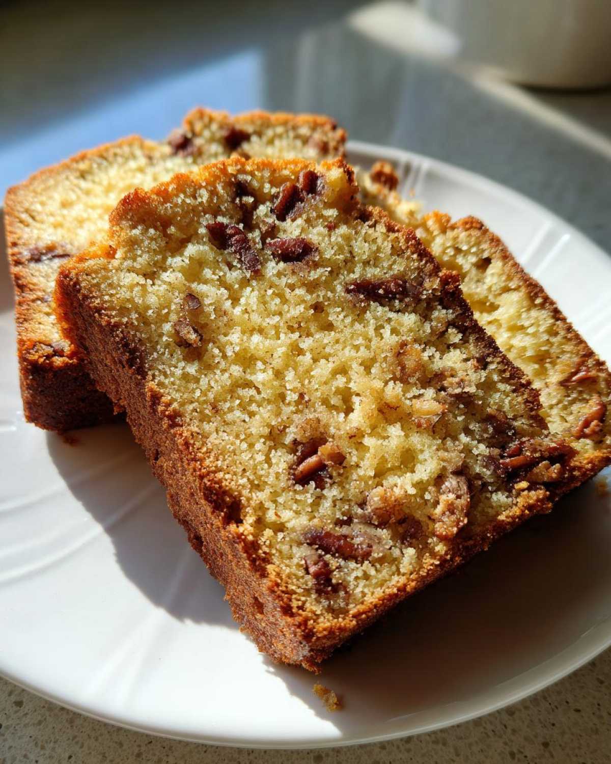 Close-up of three moist slices of sweet alabama pecan bread showing pecans baked into the crumb.