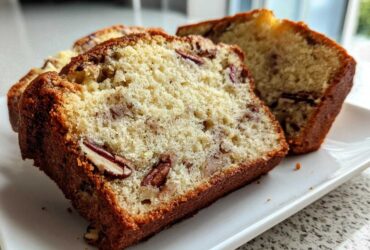 Close-up of moist slices of sweet alabama pecan bread showing pecans baked into the crumb.
