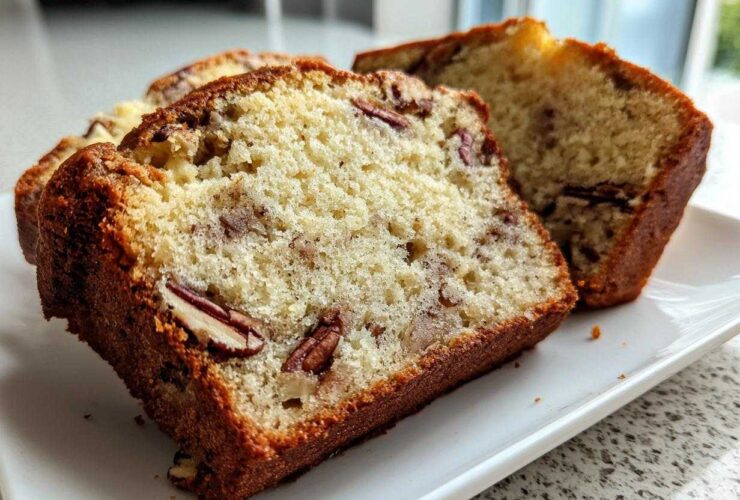Close-up of moist slices of sweet alabama pecan bread showing pecans baked into the crumb.