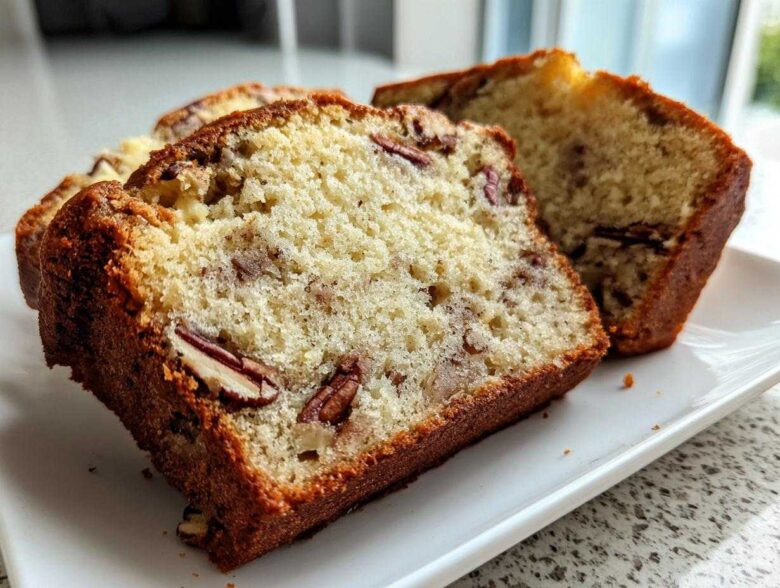 Close-up of moist slices of sweet alabama pecan bread showing pecans baked into the crumb.