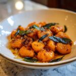A bowl of vibrant orange sweet potato gnocchi tossed in brown butter sauce and topped with crispy sage leaves.