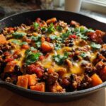 Close-up of a savory sweet potato skillet with ground meat, black beans, melted cheese, and cilantro in a cast iron pan.
